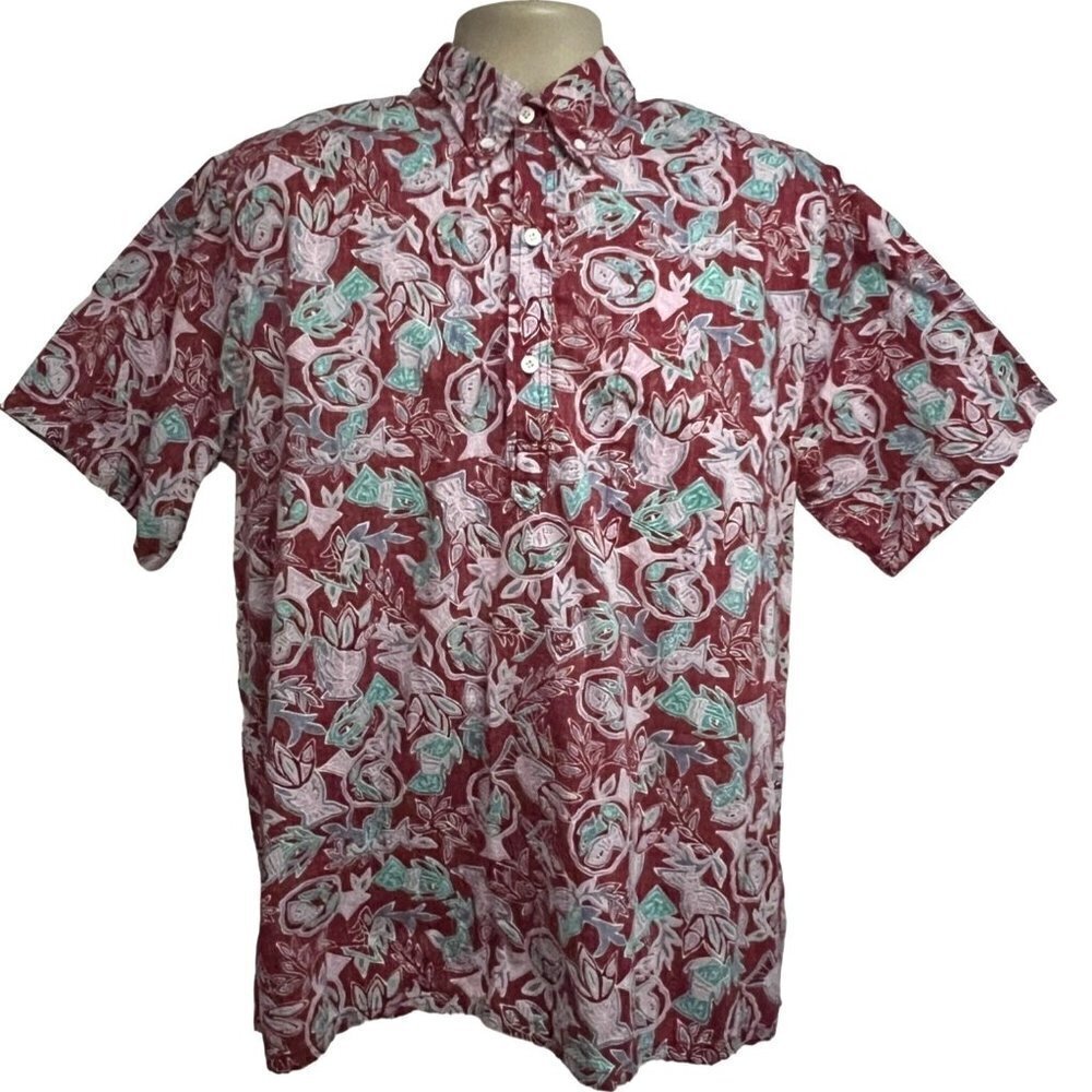 Go Barefoot Mens Vintage Reverse Print Red Pullover Hawaiian Shirt Large Pocket